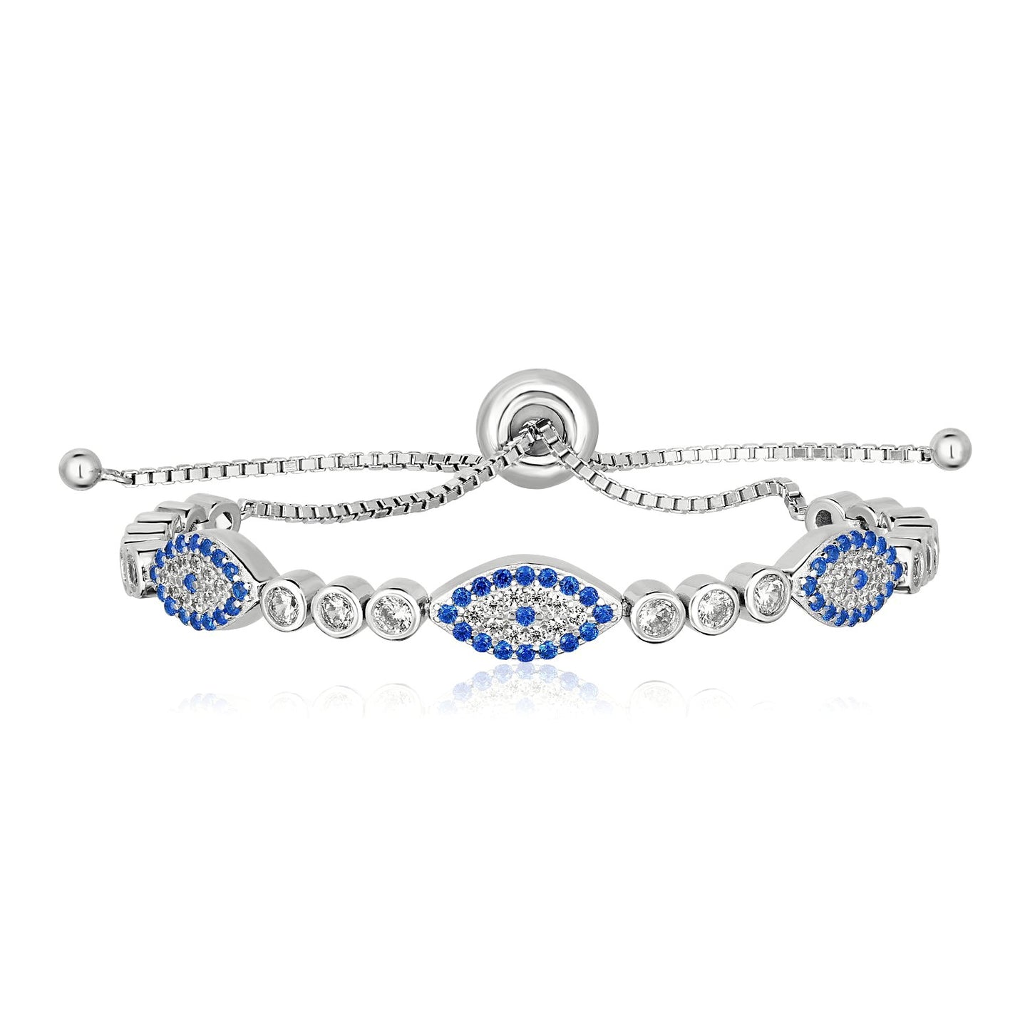 Sterling Silver Adjustable Enameled Evil Eye Bracelet with Cubic Zirconia