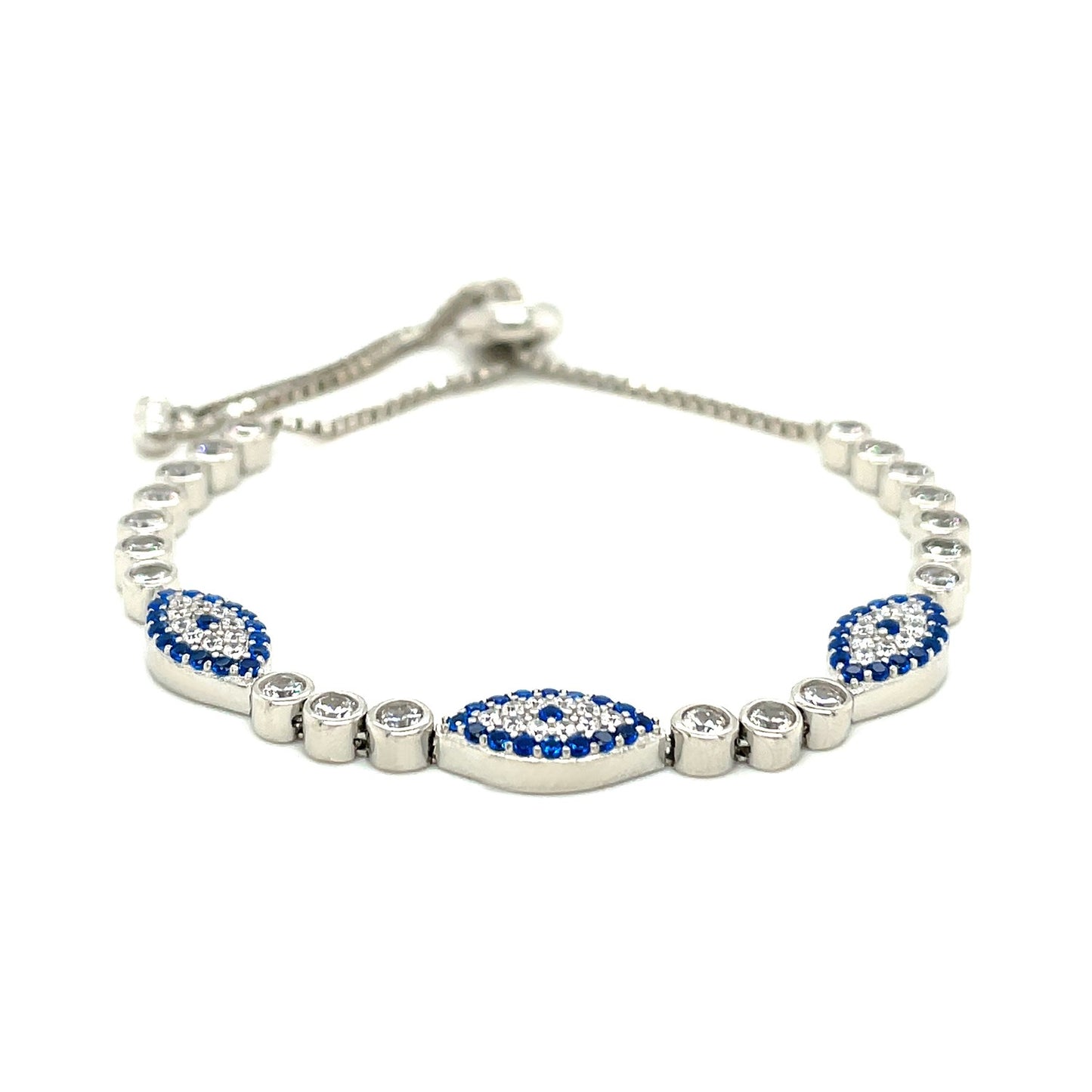 Sterling Silver Adjustable Enameled Evil Eye Bracelet with Cubic Zirconia