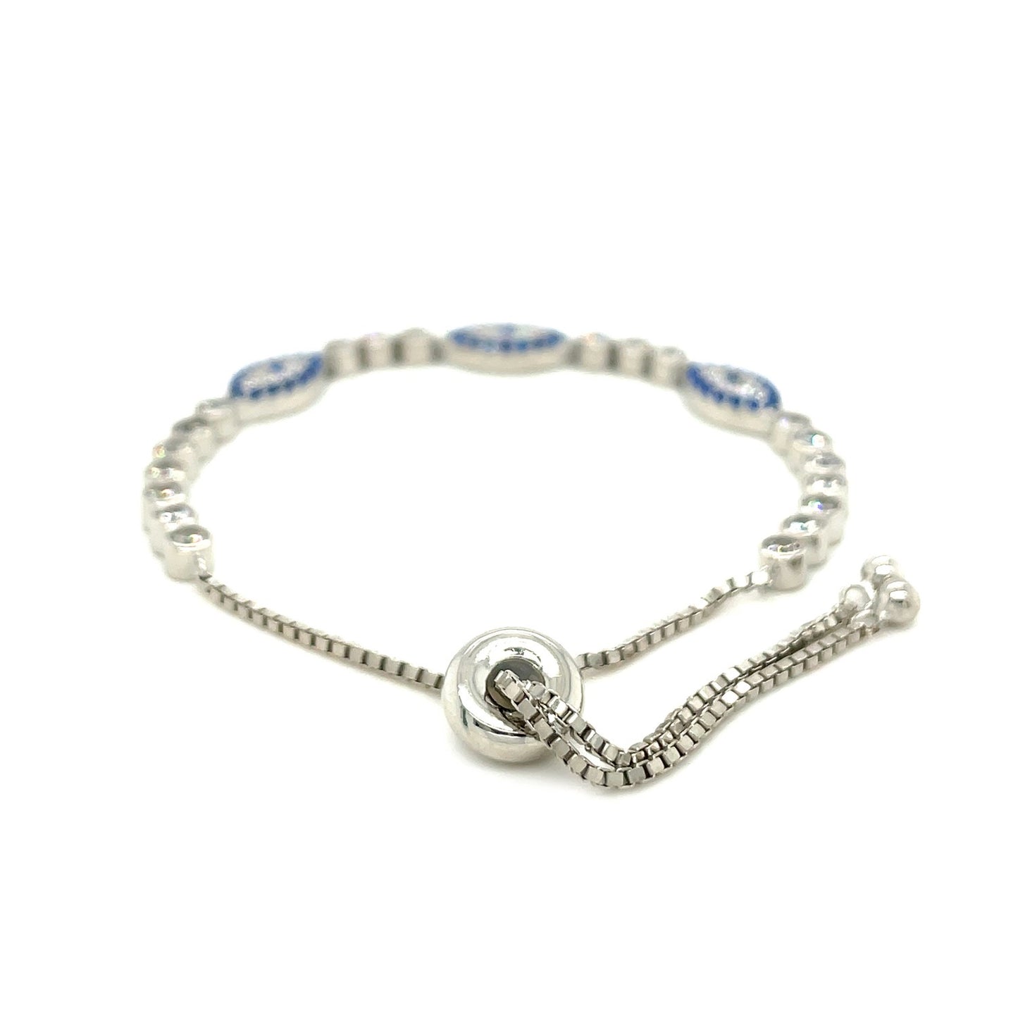 Sterling Silver Adjustable Enameled Evil Eye Bracelet with Cubic Zirconia