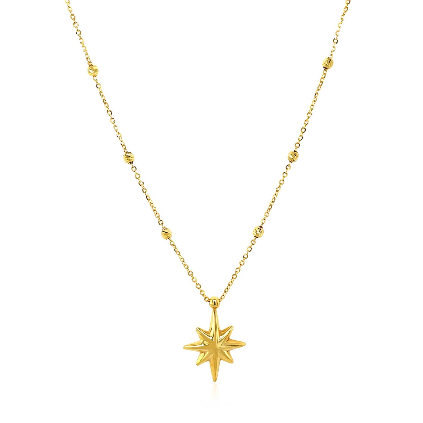 14k Yellow Gold Necklace with Eight Pointed Star and Beads